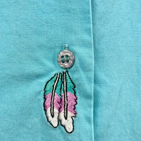 Vintage Canary Island Turquoise Tiki & Feather Embroidered Short Sleeve Shirt L - Picture 5 of 7